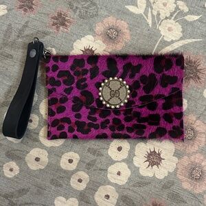 Purple Leopard Print Wristlet Clutch with Decorative Medallion